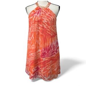 Calvin Klein Halter Orange Print Shift  Dress with Gold Chain Trim Around Neck